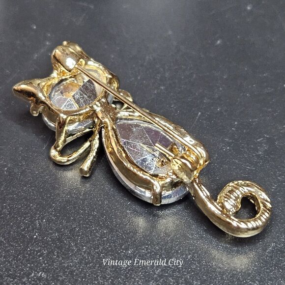 Goldtone Mr. Cat Bow Cyrstal Brooch Rhinestone Tail & Ears Iridescent Kitty Pin - Picture 7 of 13